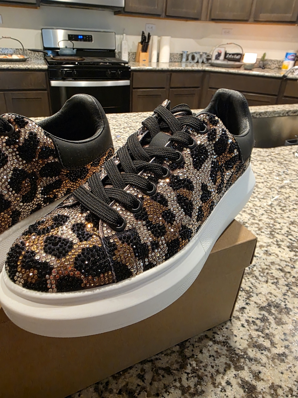 Leopard Print Crystal Embellished Women's Sneakers - Black & Brown - Picture 7 of 10